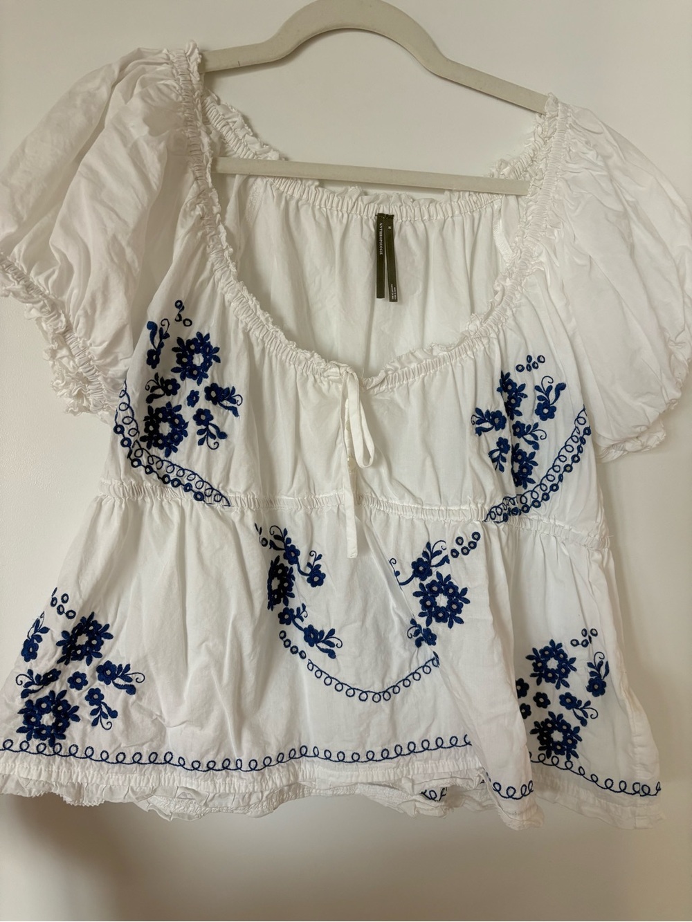 Anthropologie White Blouse with Blue Floral Embroidery